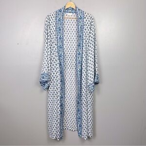 World Market blue floral rayon boho open front kimono style duster, one size.